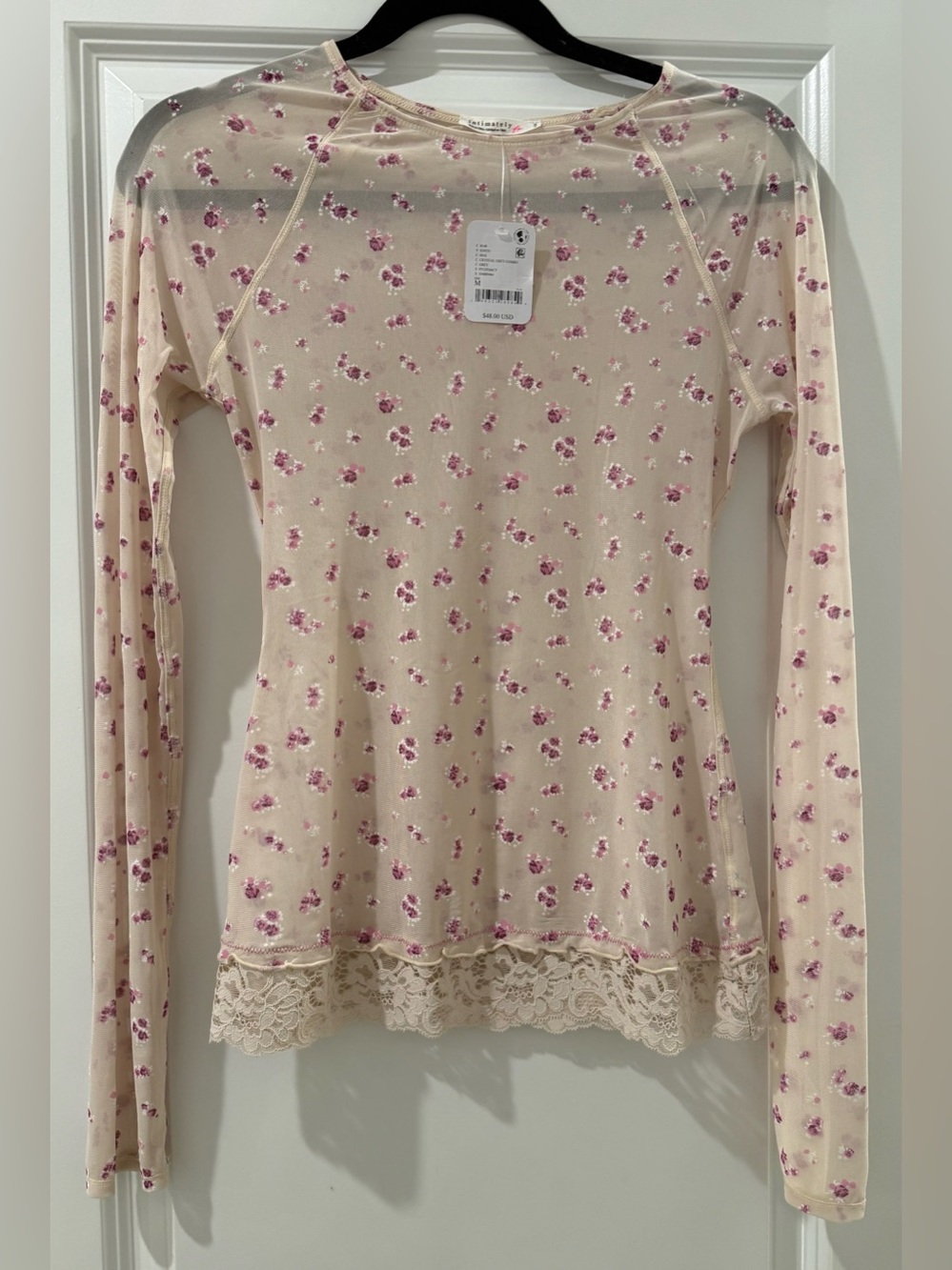 NWT FREE PEOPLE  Pink and Cream  Floral Lace-Hem Long Sleeve Top - Medium